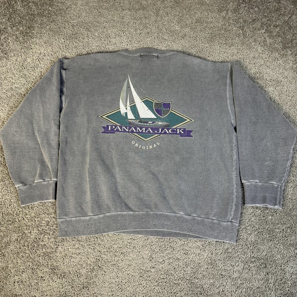 Vintage Panama Jack Sweatshirt Mens L Gray Sailboat Graphic Fleece Pullover 90s